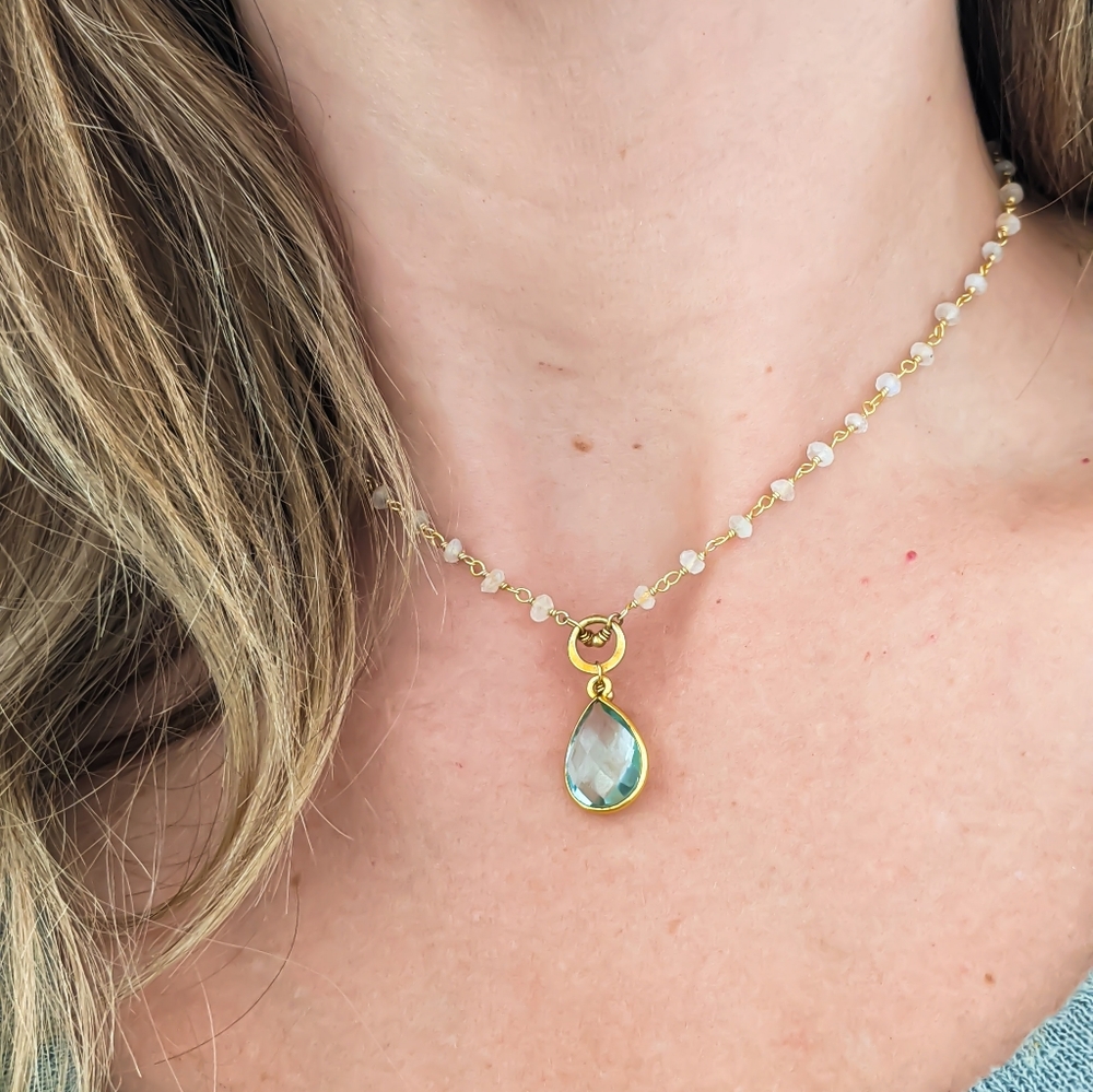 Aquamarine Pear on Moonstone Chain